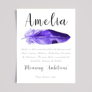 Amelia Name Meaning Print with Purple watercolour Feather, Amelia Personalised Gift,  Gifts for her, Naming gift Amelia, kids, nursery wall