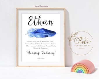 ETHAN Name Meaning Print : Boys Personalised Nursery Printable (Digital Download)