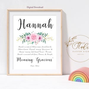 HANNAH Name Meaning Print :  Personalised girls nursery print, pink flowers (digital download)