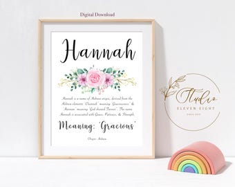 HANNAH Name Meaning Print :  Personalised girls nursery print, pink flowers (digital download)
