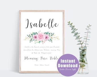 Isabelle Name Meaning Pink Floral Digital Print, Isabelle Instant Download, Personalised Name Print Gift, Nursery, A4, 8x10, 11x14, 16x20