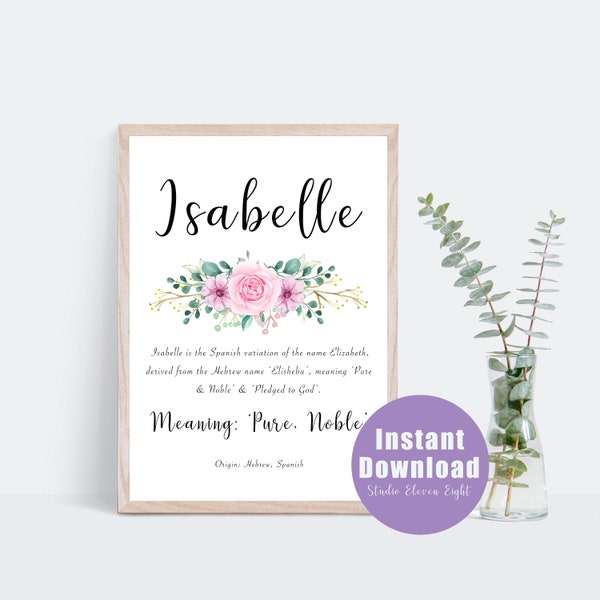 Isabelle Name Meaning Pink Floral Digital Print, Isabelle Instant Download, Personalised Name Print Gift, Nursery, A4, 8x10, 11x14, 16x20