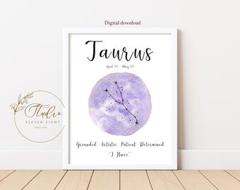 Taurus Star Sign Constellation Printable, purple watercolour zodiac print (digital download)