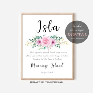 Isla Name Meaning Pink Floral Digital Print, Isla Instant Download, Nursery Art, Girls Personalised Name Print Gift, A4, 8x10, 11x14, 16x20