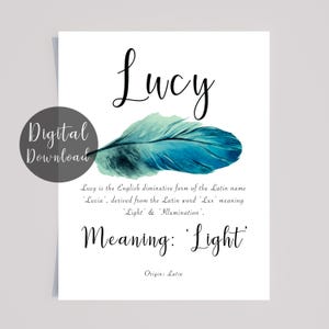 Lucy Personalised Name Meaning Printable with Blue Green watercolour feather and Calligraphy