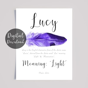 Lucy Personalised Name Meaning Printable with Purple watercolour feather and Calligraphy