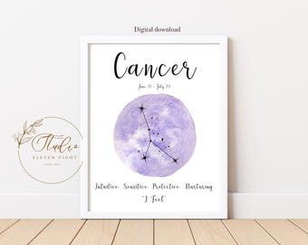 Cancer Star Sign Constellation Printable , Purple watercolour (Digital download)