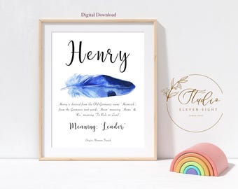 HENRY Name Meaning Print : Boys Personalised Blue Feather Nursery Printable (Digital download)