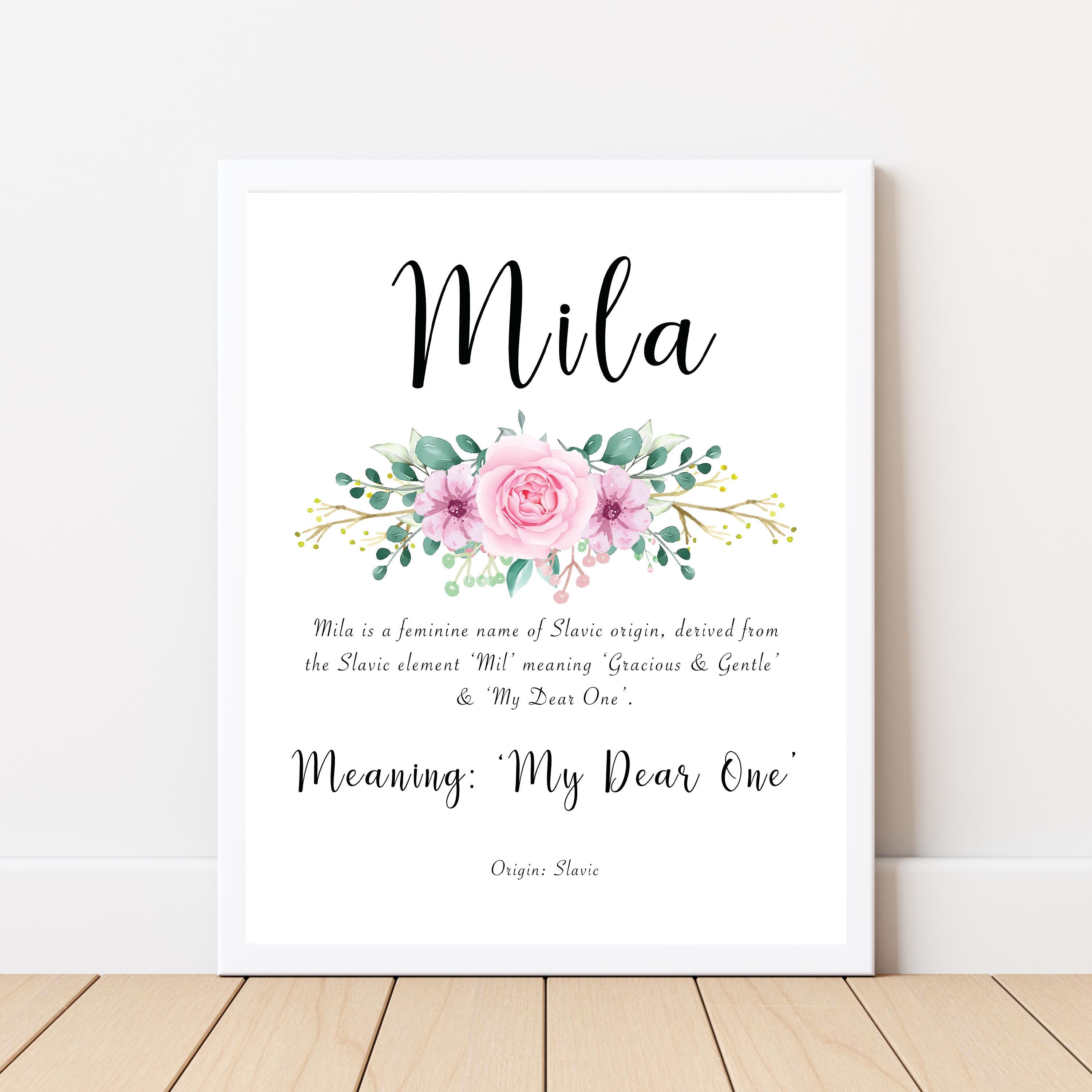 Mila Name Meaning Printable With Pink Flowers and Calligraphy Style ...