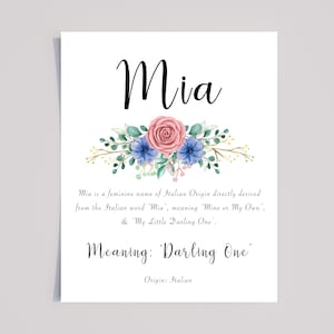 Mia Personalised Name Meaning print with Pink blue flowers calligraphy font, Mia Personalised Nursery, Kids room, Personalised Gift for Mia