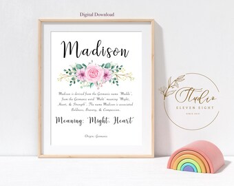 MADISON Name Meaning Printable : Personalised Girls Pink Floral Nursery Print (DIGITAL DOWNLOAD)