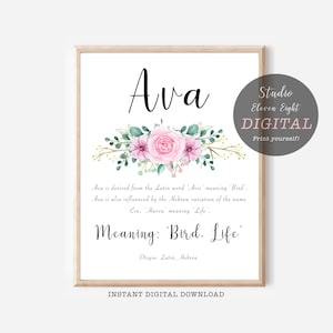 Significado do nome Ava para impressão com design floral rosa, download digital instantâneo de Ava, impressão personalizada do significado do nome para Ava, 4 tamanhos incl.