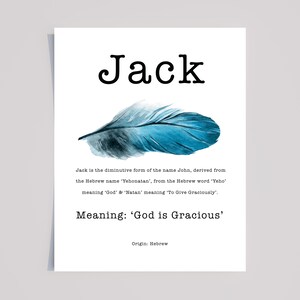 JACK Personalised Name Meaning Print with Blue watercolour Feather typewriter font, Jack name gift, Personalised gifts for him, Scandi