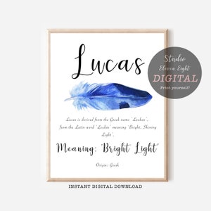 Lucas Name Meaning Digital Download with Blue feather, Lucas Name Meaning Printable, Personalised name print, Instant download, 4 sizes