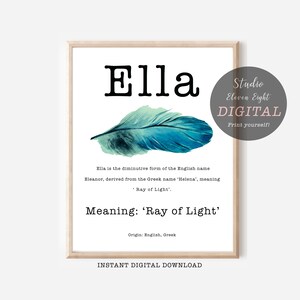 Ella Name Bedeutung Print mit Vintage Schreibmaschinenschrift und blau grüne Feder, Instant Download, personalisierte Name Bedeutung Print für Ella