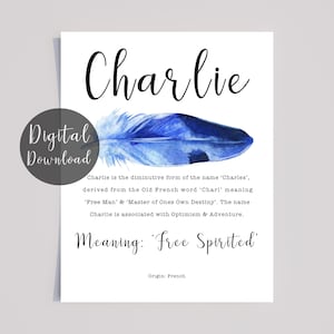 Charlie Name Meaning Print: Blue Feather Boy Nursery Decor (Digital Download)