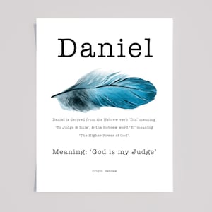 DANIEL Personalised Name Meaning Print with Blue watercolour Feather typewriter font, Daniel name meaning gift, Personalised gift for him