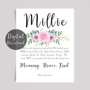 Millie Name Meaning Floral Print: Personalized Girl&#39;s Nursery Art (Digital Download