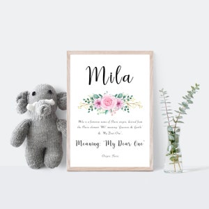 Mila Name Meaning Printable With Pink Floral Artwork, Mila Digital