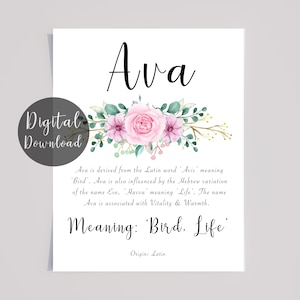 Ava Name Meaning Printable with Pink Flowers and Calligraphy : Digital download