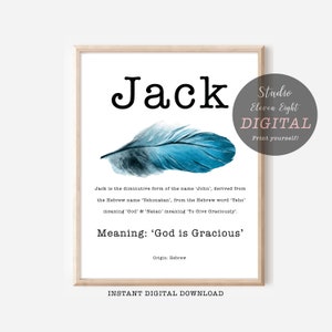Significado do nome Jack para impressão com Blue Feather e fonte de máquina de escrever, significado do nome Jack para download digital instantâneo, impressão do nome personalizado Jack