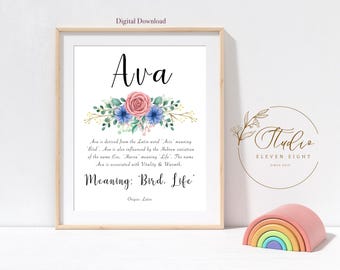 AVA Name Meaning Printable : Personalised Floral Nursery decor for baby girl  (Digital Download)