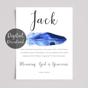 Jack Name Meaning Printable: Blue watercolour Feather  (Digital Download)