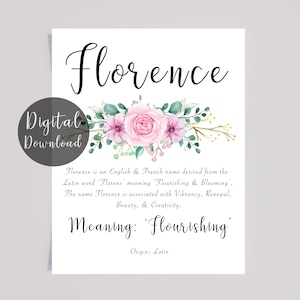 Florence Name Meaning Print: Pink Floral, calligraphy (Digital Download)