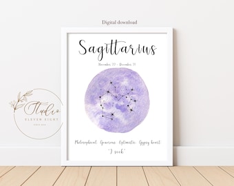 SAGITTARIUS Star Sign Constellation Printable, purple watercolour zodiac art (Digital Download)