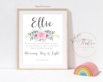 ELLIE Name Meaning Print :  Personalised Girls Nursery pink floral print (Digital Download)