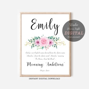 Emily Name Meaning Printable with Pink Floral Design, Emily DIGITAL DOWNLOAD, Personalised Name Meaning Print for Emily, instant download