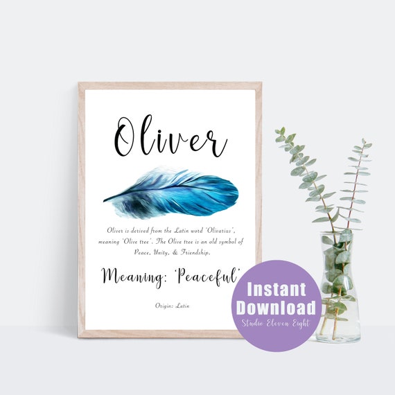 Oliver Name Meaning Blue Feather Digital Print Oliver 