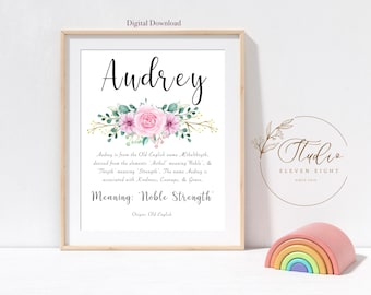 AUDREY Name Meaning Printable : Personalised Nursery wall Pink Floral Art  (DIGITAL DOWNLOAD).