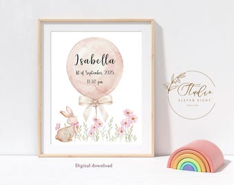 Personalised Baby Girl Nursery Print : Pink Balloon with Bunny Art Printable, Newborn girl gift