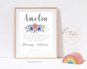 AMELIA Name Meaning Nursery Print: Personalised baby girl floral Wall Art (DIGITAL DOWNLOAD)