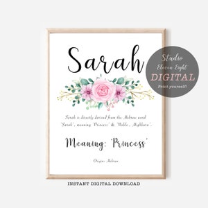 Sarah Name Meaning Pink Floral Digital Print , Sarah Instant Download, nursery,  Personalised Name Prints and Gifts, A4, 8x10, 11x14, 16x20