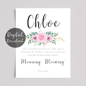 CHLOE Name Meaning Digital download with Pink Flowers and Calligraphy style font : Instant download
