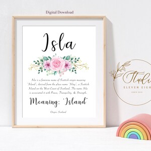 ISLA Name Meaning Printable : Girls Personalised Pink flower nursery print (Digital Download)