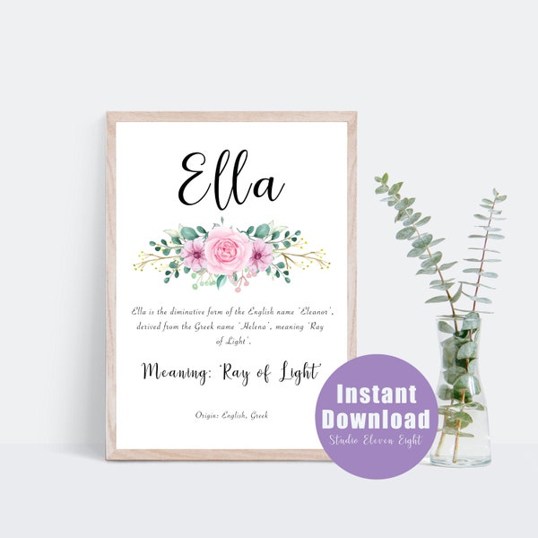 Ella Name Meaning Printable with Pink Floral Design, Ella Digital Instant Download, Personalised Name Meaning Print for Ella, Ella name Art.