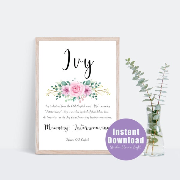 Ivy Name Meaning Pink Floral Digital Print, Ivy name printable, Ivy Name Origin, Nursery, Girls Personalised Gift, A4, 8x10, 11x14, 16x20