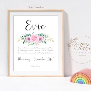 EVIE name meaning Print : Personalised Girls Nursery printable with pink flowers (digital download)