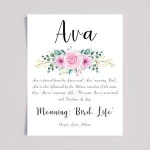 Ava Name Meaning Print with Pink watercolour Floral art, Ava Personalised Gift,  Gifts for her, Ava Naming gift , kids, nursery wall art