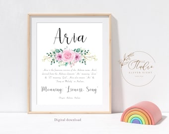 ARIA Name Meaning personalised print: pink floral Nursery wall art (DIGITAL DOWNLOAD)