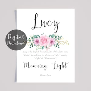 Lucy Name Meaning Printable with Pink Flowers and Calligraphy style font