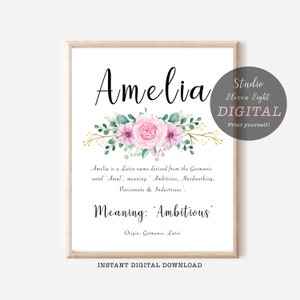 Amelia Name Meaning Printable with Pink Floral Design, Amelia Instant Download, Personalised Name Meaning Print for Amelia DIGITAL DOWNLOAD
