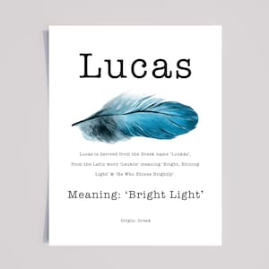 LUCAS Personalised Name Meaning Print with Blue watercolour Feather  typewriter font, lucas name gift, Personalised gifts for him, Scandi