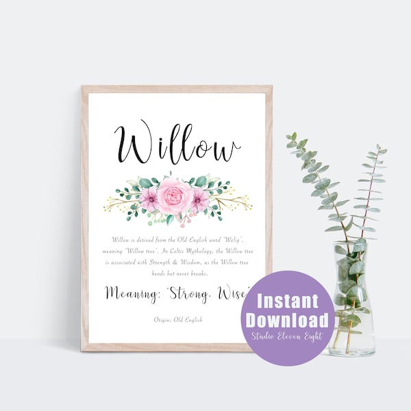 Willow Name Meaning Pink Floral Digital Print , Instant Download, Girls Nursery,  Personalised Name Prints and Gifts, A4, 8x10, 11x14, 16x20