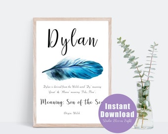 Dylan Name Meaning Digital Print, Blue Feather, Dylan Name Sign Printable, Nursery, Boys Personalised Name Art Print, A4, 8x10, 11x14, 16x20