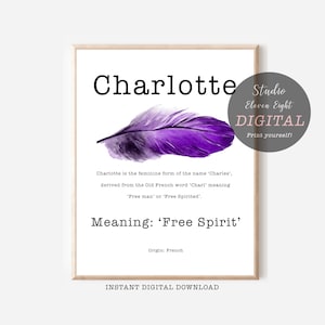 Signification du nom de Charlotte imprimable avec plume violette et conception de polices de machine à écrire, Signification du nom de Charlotte en téléchargement immédiat