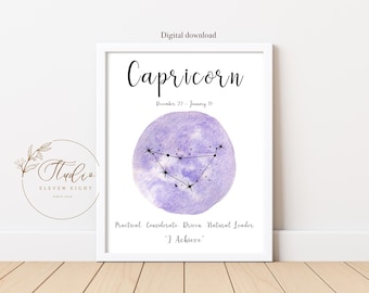 Capricorn star sign sign constellation Printable, purple watercolour Zodiac Print (Digital Download)